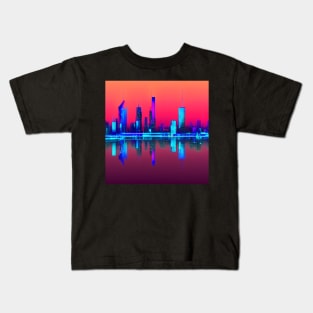 Ai Generated Art Scenery - Futuristic City Reflectet in River With Red Sky Kids T-Shirt